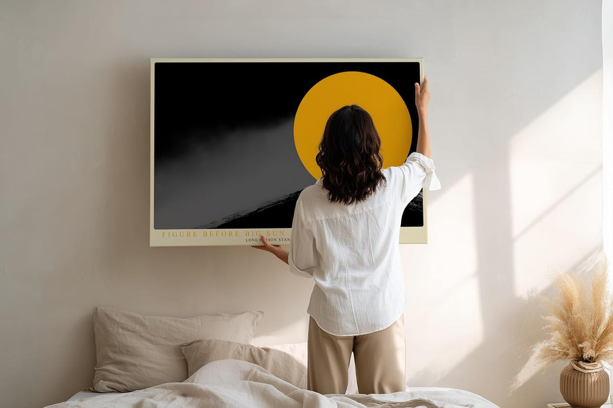 Paul Sinus Wandbild 120x80cm Silhouette Person vor Sonne minimalistische Landschaft moderne Kunst gelber Kreis Kunstdruck stilvolle Wanddekoration fuer Wohnzimmer Büro