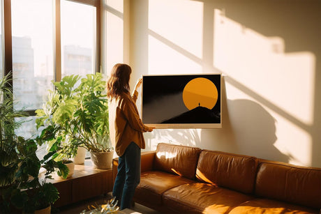 Paul Sinus Wandbild 120x80cm Silhouette Person vor Sonne minimalistische Landschaft moderne Kunst gelber Kreis Kunstdruck stilvolle Wanddekoration fuer Wohnzimmer Büro