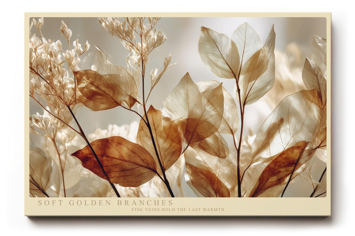Paul Sinus Wandbild 120x80cm Soft Golden Branches botanische Blätter im warmen Licht Natur Fotokunst Poster für Wohnzimmer Schlafzimmer Büro