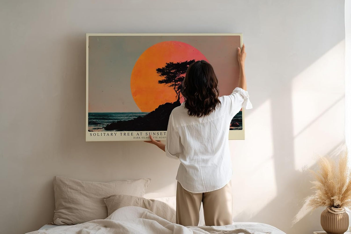 Paul Sinus Wandbild 120x80cm Solitary Tree at Sunset dramatische Landschaft mit Baum Silhouette vor roter Sonne Kunst Poster für Wohnzimmer Büro