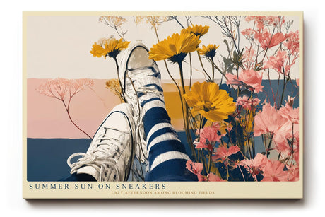 Paul Sinus Wandbild 120x80cm Sommer Blumenfeld mit Sneakers Künstlerische Illustration Moderne Lifestyle Kunst für Wohnzimmer Schlafzimmer