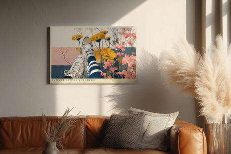 Paul Sinus Wandbild 120x80cm Sommer Blumenfeld mit Sneakers Künstlerische Illustration Moderne Lifestyle Kunst für Wohnzimmer Schlafzimmer