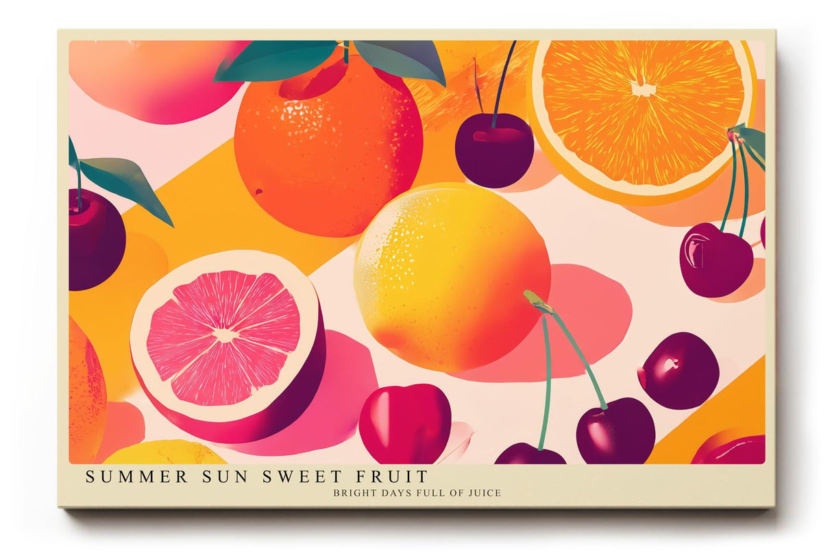 Paul Sinus Wandbild 120x80cm Sommer Früchte Illustration Orange Grapefruit Kirsche farbenfrohe Obst Kunst modernes Küchenbild stilvolle Wanddekoration für Küche Esszimmer Café