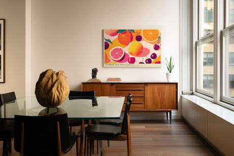 Paul Sinus Wandbild 120x80cm Sommer Früchte Illustration Orange Grapefruit Kirsche farbenfrohe Obst Kunst modernes Küchenbild stilvolle Wanddekoration für Küche Esszimmer Café