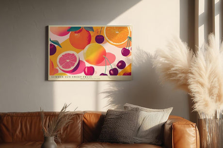 Paul Sinus Wandbild 120x80cm Sommer Früchte Illustration Orange Grapefruit Kirsche farbenfrohe Obst Kunst modernes Küchenbild stilvolle Wanddekoration für Küche Esszimmer Café