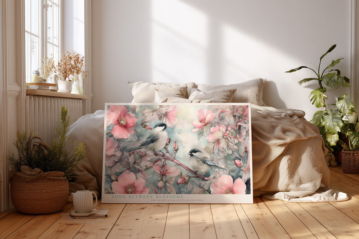 Paul Sinus Wandbild Song Between Blossoms Romantic Birds among Soft Pink Flowers of Springtime