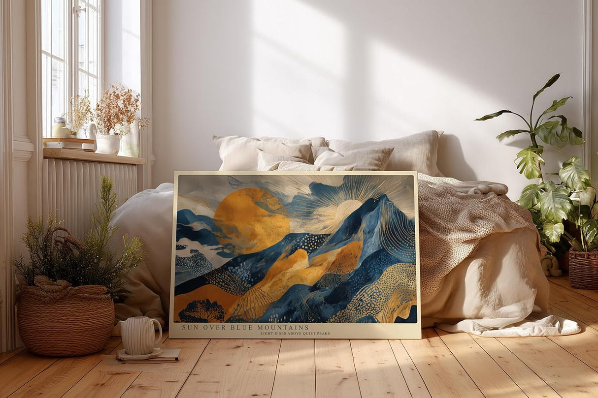 Paul Sinus Wandbild 120x80cm Sonne Über Blauen Bergen Moderne Landschaft Kunst LeinWandbild 120x80cm Abstrakte Natur Wanddekoration
