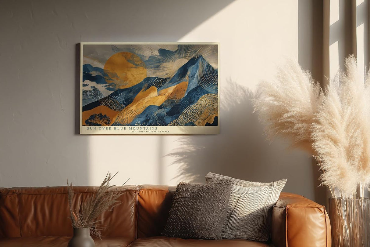 Paul Sinus Wandbild 120x80cm Sonne Über Blauen Bergen Moderne Landschaft Kunst LeinWandbild 120x80cm Abstrakte Natur Wanddekoration