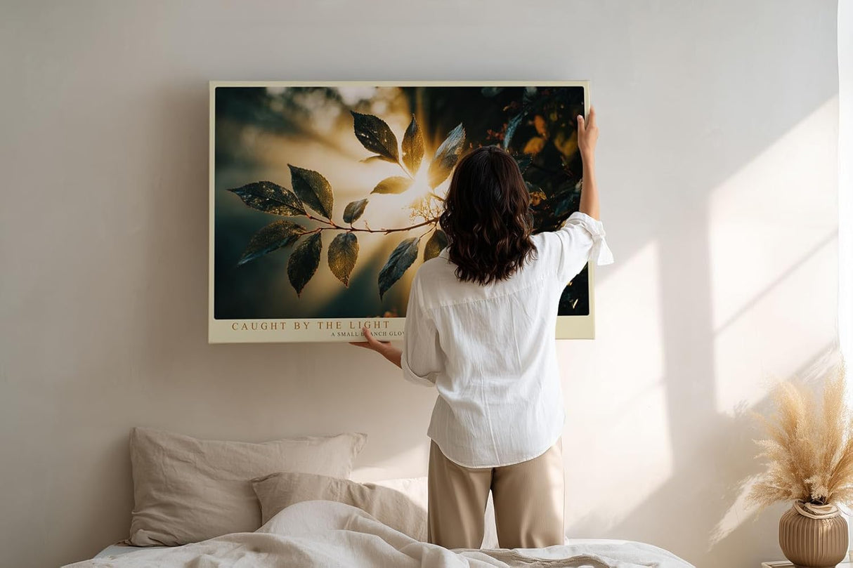 Paul Sinus Wandbild 120x80cm Sonnenlicht durch Blaetter Natur Fotokunst warmes Licht botanisches Motiv gruen gold moderne Wanddekoration fuer Wohnzimmer Büro