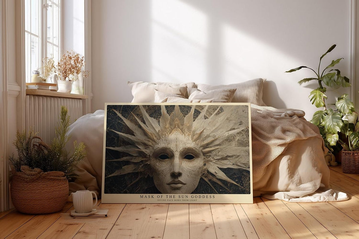 Paul Sinus Wandbild 120x80cm Sonnenmasken Gesicht – Mystische Kunst mit ornamentaler Struktur und heller Eleganz