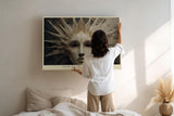 Paul Sinus Wandbild 120x80cm Sonnenmasken Gesicht – Mystische Kunst mit ornamentaler Struktur und heller Eleganz