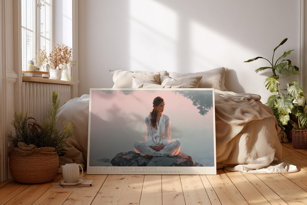 Paul Sinus Wandbild Soul at the Edge of Peace Meditatives Kunstwerk mit einer Frau am Wasser – Symbol für innere Ruhe, Harmonie und Achtsamkeit.