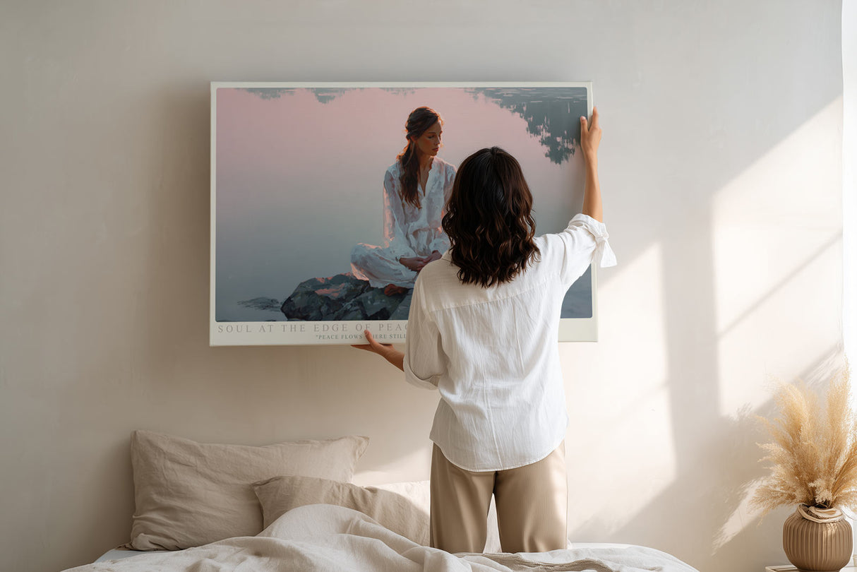 Paul Sinus Wandbild Soul at the Edge of Peace Meditatives Kunstwerk mit einer Frau am Wasser – Symbol für innere Ruhe, Harmonie und Achtsamkeit.