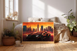 Paul Sinus Wandbild 120x80cm Sportwagen vor Skyline moderne Auto Kunst roter Himmel Stadtlandschaft stilvolle Wanddekoration fuer Wohnzimmer Büro