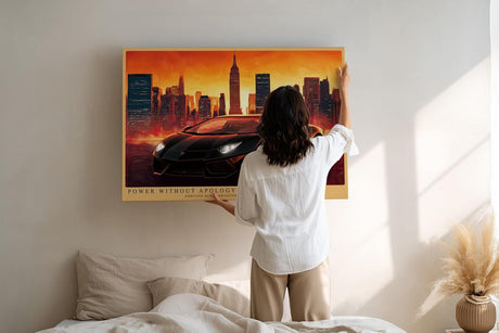Paul Sinus Wandbild 120x80cm Sportwagen vor Skyline moderne Auto Kunst roter Himmel Stadtlandschaft stilvolle Wanddekoration fuer Wohnzimmer Büro