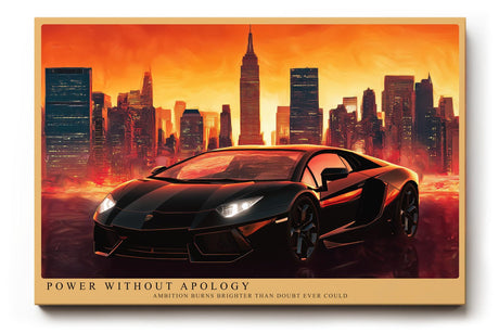 Paul Sinus Wandbild 120x80cm Sportwagen vor Skyline moderne Auto Kunst roter Himmel Stadtlandschaft stilvolle Wanddekoration fuer Wohnzimmer Büro