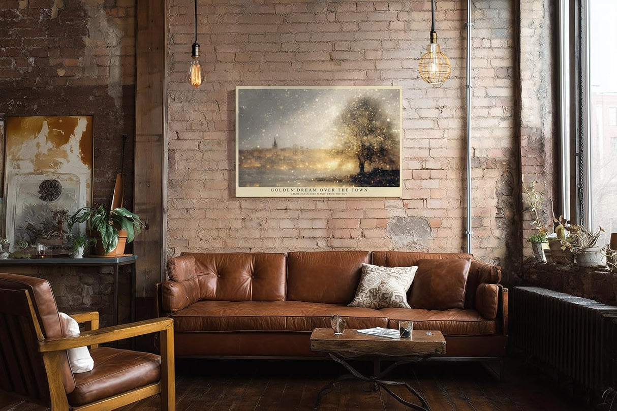 Paul Sinus Wandbild 120x80cm Stadt Landschaft goldene Lichter modern grau gold Kunst Kunstdruck grosses Kunstbild atmosphaerische Wanddekoration fuer Wohnzimmer Büro