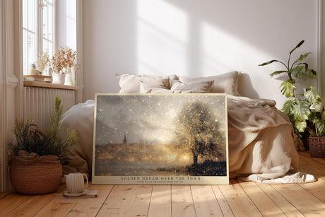 Paul Sinus Wandbild 120x80cm Stadt Landschaft goldene Lichter modern grau gold Kunst Kunstdruck grosses Kunstbild atmosphaerische Wanddekoration fuer Wohnzimmer Büro