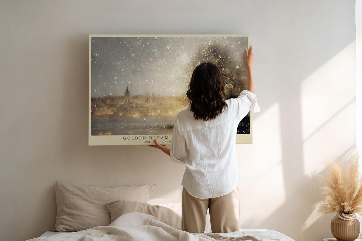 Paul Sinus Wandbild 120x80cm Stadt Landschaft goldene Lichter modern grau gold Kunst Kunstdruck grosses Kunstbild atmosphaerische Wanddekoration fuer Wohnzimmer Büro