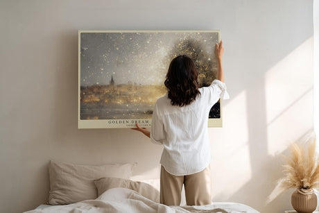 Paul Sinus Wandbild 120x80cm Stadt Landschaft goldene Lichter modern grau gold Kunst Kunstdruck grosses Kunstbild atmosphaerische Wanddekoration fuer Wohnzimmer Büro