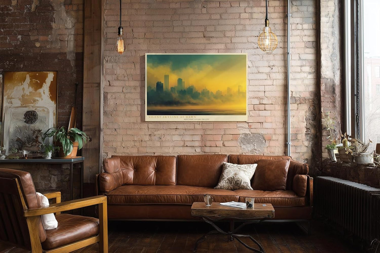 Paul Sinus Wandbild 120x80cm Stadt Skyline Nebel Sonnenaufgang moderne Stadtlandschaft goldene Morgenstimmung urbane Kunst Wanddekoration für Wohnzimmer Büro Flur