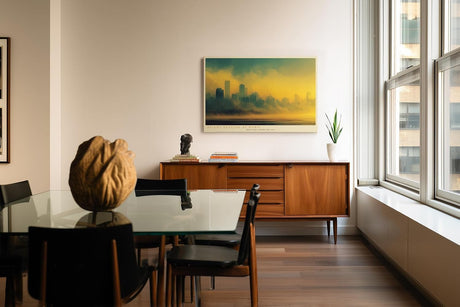Paul Sinus Wandbild 120x80cm Stadt Skyline Nebel Sonnenaufgang moderne Stadtlandschaft goldene Morgenstimmung urbane Kunst Wanddekoration für Wohnzimmer Büro Flur