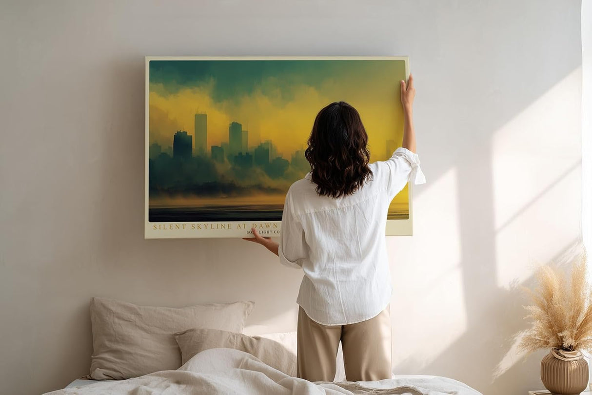Paul Sinus Wandbild 120x80cm Stadt Skyline Nebel Sonnenaufgang moderne Stadtlandschaft goldene Morgenstimmung urbane Kunst Wanddekoration für Wohnzimmer Büro Flur