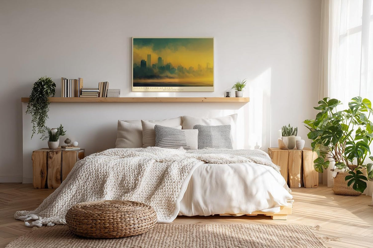 Paul Sinus Wandbild 120x80cm Stadt Skyline Nebel Sonnenaufgang moderne Stadtlandschaft goldene Morgenstimmung urbane Kunst Wanddekoration für Wohnzimmer Büro Flur
