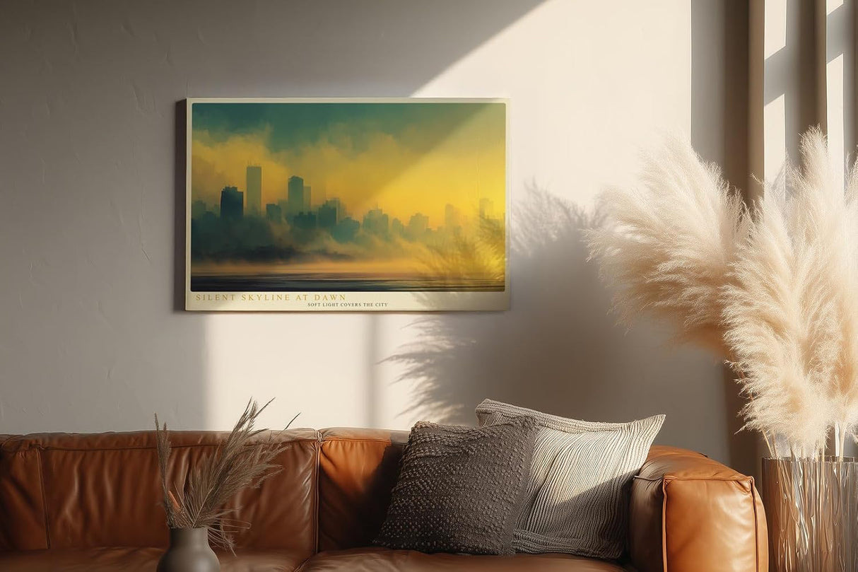 Paul Sinus Wandbild 120x80cm Stadt Skyline Nebel Sonnenaufgang moderne Stadtlandschaft goldene Morgenstimmung urbane Kunst Wanddekoration für Wohnzimmer Büro Flur