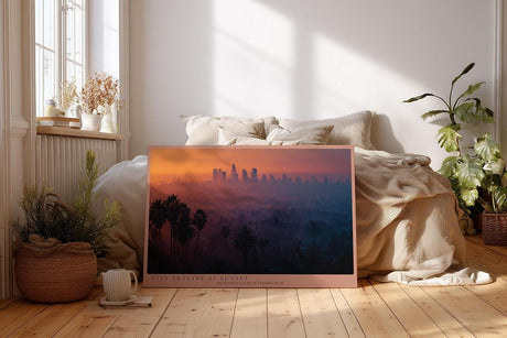 Paul Sinus Wandbild 120x80cm Stadt Skyline Sonnenuntergang moderne Landschaftsfotografie warme Abendfarben Kunstdruck stilvolle Wanddekoration fuer Wohnzimmer Büro