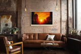 Paul Sinus Wandbild 120x80cm Stadt Sonnenaufgang Skyline orange Himmel moderne Stadtlandschaft Kunstbild stilvolle Wanddekoration fuer Wohnzimmer Büro