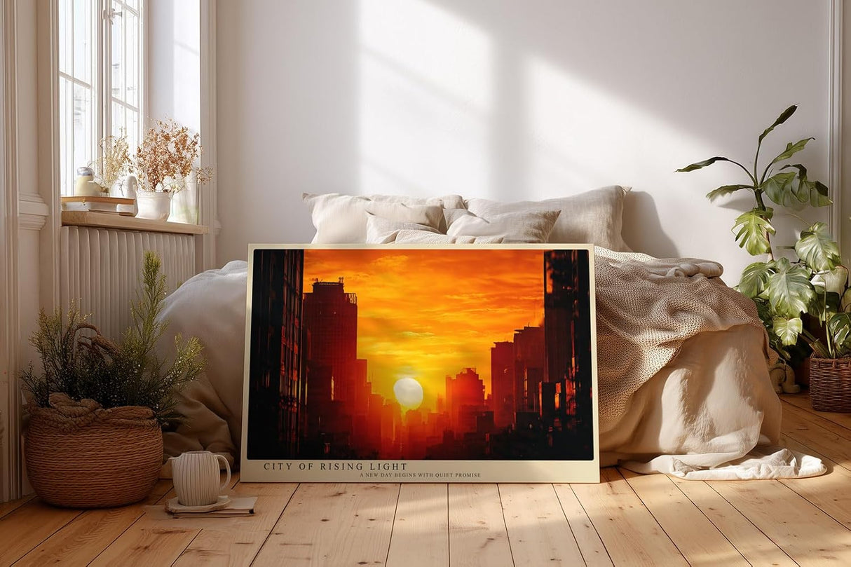 Paul Sinus Wandbild 120x80cm Stadt Sonnenaufgang Skyline orange Himmel moderne Stadtlandschaft Kunstbild stilvolle Wanddekoration fuer Wohnzimmer Büro