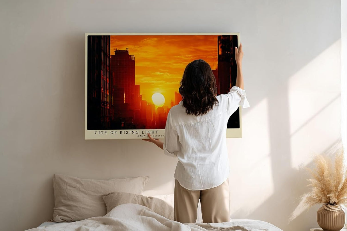 Paul Sinus Wandbild 120x80cm Stadt Sonnenaufgang Skyline orange Himmel moderne Stadtlandschaft Kunstbild stilvolle Wanddekoration fuer Wohnzimmer Büro
