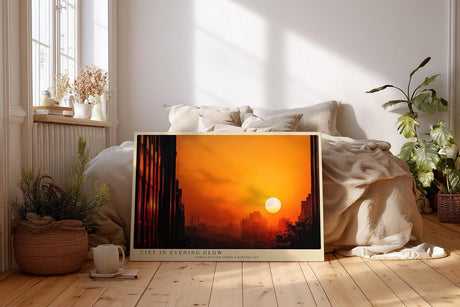 Paul Sinus Wandbild 120x80cm Stadt Sonnenuntergang Skyline Fotokunst orange Abendhimmel modernes City Poster stilvolle Wanddekoration für Wohnzimmer Büro Loft