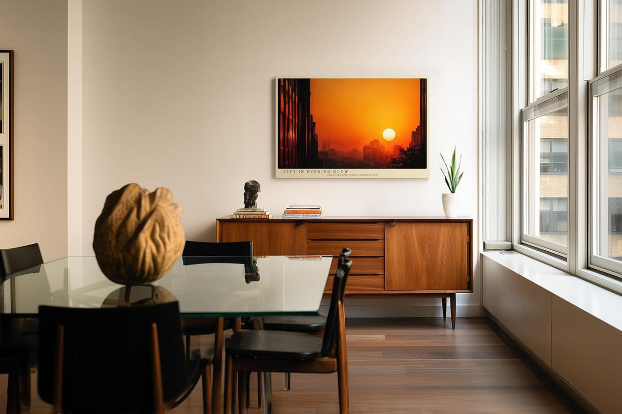 Paul Sinus Wandbild 120x80cm Stadt Sonnenuntergang Skyline Fotokunst orange Abendhimmel modernes City Poster stilvolle Wanddekoration für Wohnzimmer Büro Loft