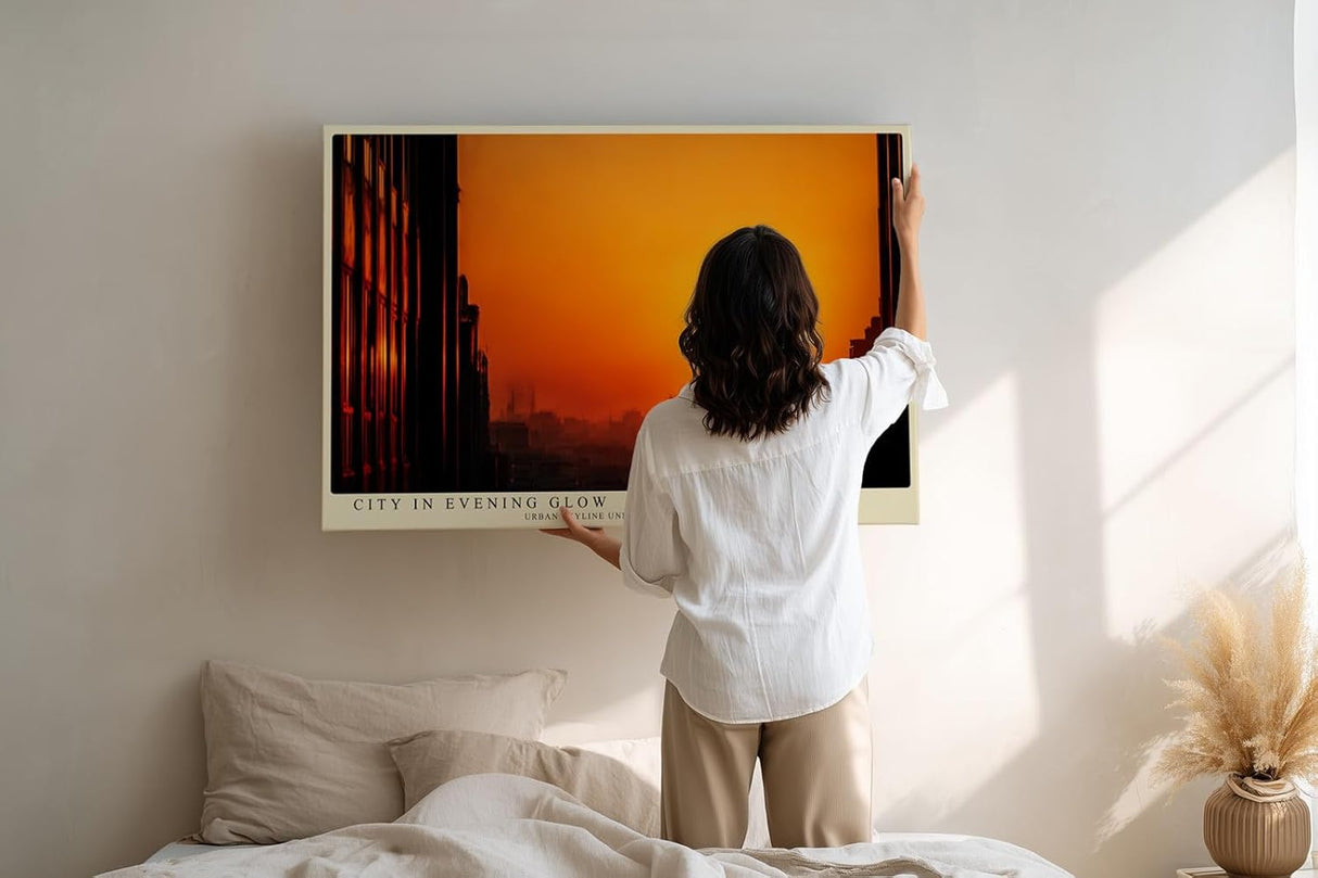 Paul Sinus Wandbild 120x80cm Stadt Sonnenuntergang Skyline Fotokunst orange Abendhimmel modernes City Poster stilvolle Wanddekoration für Wohnzimmer Büro Loft
