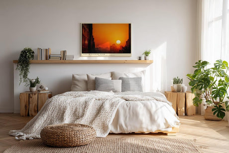 Paul Sinus Wandbild 120x80cm Stadt Sonnenuntergang Skyline Fotokunst orange Abendhimmel modernes City Poster stilvolle Wanddekoration für Wohnzimmer Büro Loft