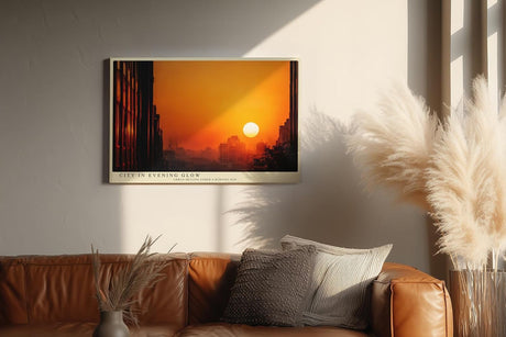 Paul Sinus Wandbild 120x80cm Stadt Sonnenuntergang Skyline Fotokunst orange Abendhimmel modernes City Poster stilvolle Wanddekoration für Wohnzimmer Büro Loft