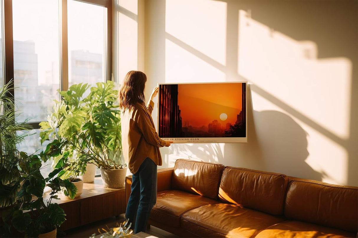 Paul Sinus Wandbild 120x80cm Stadt Sonnenuntergang Skyline Fotokunst orange Abendhimmel modernes City Poster stilvolle Wanddekoration für Wohnzimmer Büro Loft