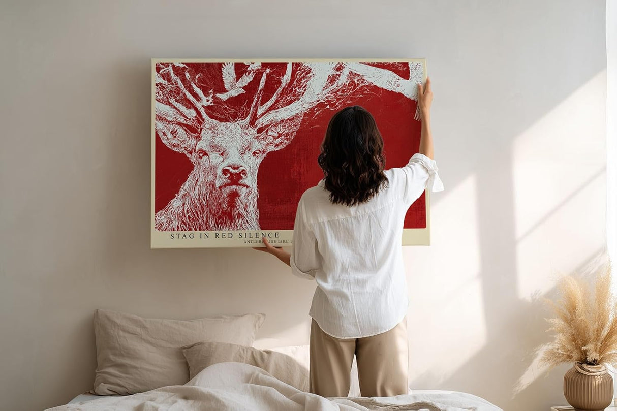 Paul Sinus Wandbild 120x80cm Stag in Red Silence Hirsch Illustration moderne Tierkunst Poster für Wohnzimmer Büro Studio