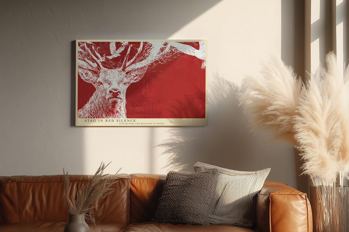 Paul Sinus Wandbild 120x80cm Stag in Red Silence Hirsch Illustration moderne Tierkunst Poster für Wohnzimmer Büro Studio