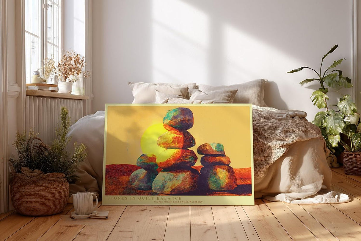 Paul Sinus Wandbild 120x80cm Steinturm Balance abstrakte Naturkunst orange blau modernes Landschaftsmotiv Kunstdruck grosses Wandbild 120x80cm ruhige Wanddekoration fuer Wohnzimmer Büro