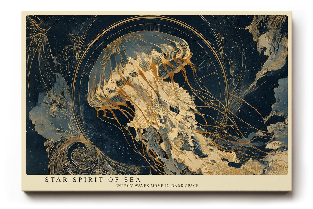 Paul Sinus Wandbild 120x80cm Sternenqualle im Universum Abstrakte Meereskunst in Blau Gold Moderne Wanddekoration