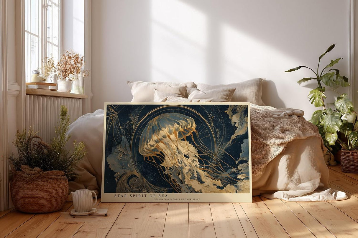 Paul Sinus Wandbild 120x80cm Sternenqualle im Universum Abstrakte Meereskunst in Blau Gold Moderne Wanddekoration