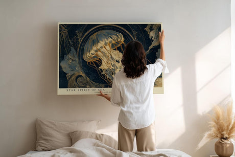 Paul Sinus Wandbild 120x80cm Sternenqualle im Universum Abstrakte Meereskunst in Blau Gold Moderne Wanddekoration