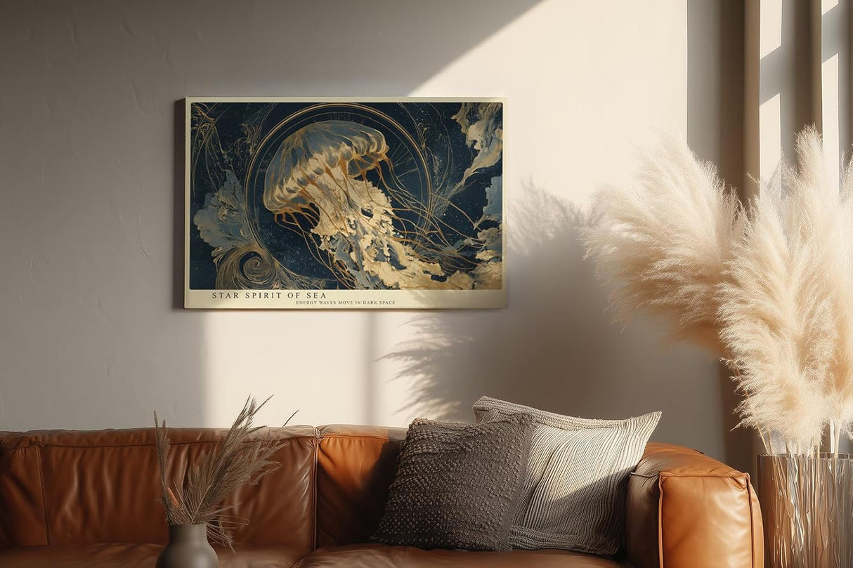 Paul Sinus Wandbild 120x80cm Sternenqualle im Universum Abstrakte Meereskunst in Blau Gold Moderne Wanddekoration