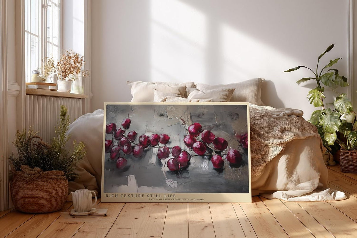 Paul Sinus Wandbild 120x80cm Stillleben rote Kirschen moderne Oelmalerei Stil grau rote Farbkontraste elegantes Kunstbild klassische Wanddekoration fuer Kueche Esszimmer Wohnzimmer