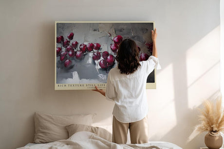 Paul Sinus Wandbild 120x80cm Stillleben rote Kirschen moderne Oelmalerei Stil grau rote Farbkontraste elegantes Kunstbild klassische Wanddekoration fuer Kueche Esszimmer Wohnzimmer