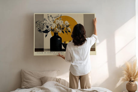 Paul Sinus Wandbild 120x80cm Stillleben Vase Blumen Zitronen modern beige gelb Kunstdruck grosses Kunstbild stilvolle Wanddekoration fuer Wohnzimmer Kueche Esszimmer Büro