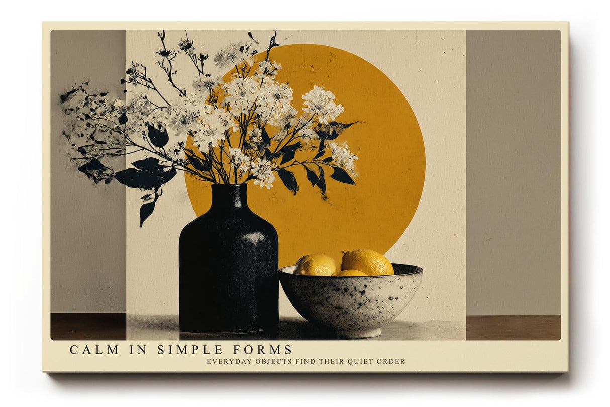 Paul Sinus Wandbild 120x80cm Stillleben Vase Blumen Zitronen modern beige gelb Kunstdruck grosses Kunstbild stilvolle Wanddekoration fuer Wohnzimmer Kueche Esszimmer Büro